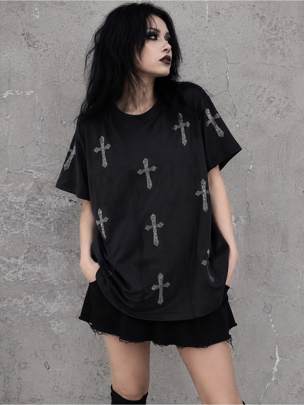 Black Embellished Silver Cross rhinestone McBling Short Sleeve Alt Tee